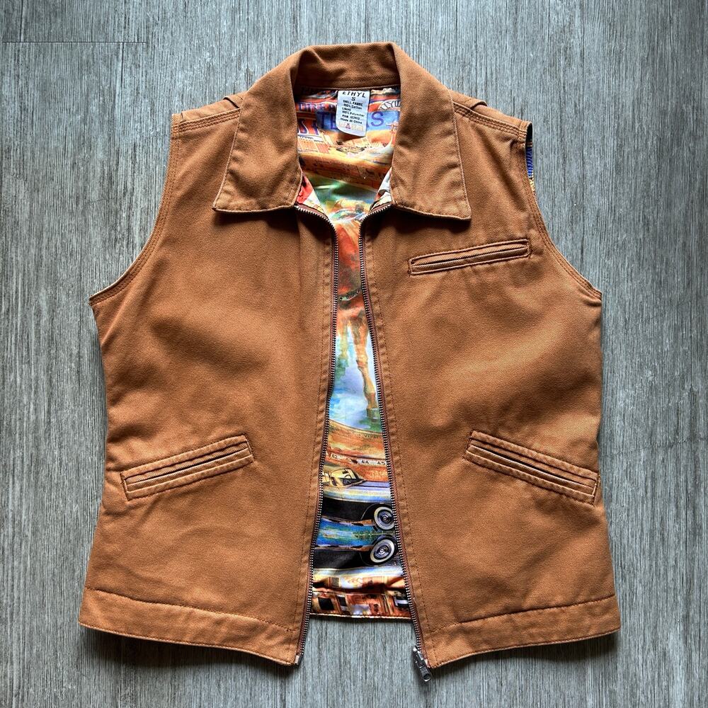 Ethyl Tan Orange Western Print Reversible Zipper Cotton Utility Vest Size Small